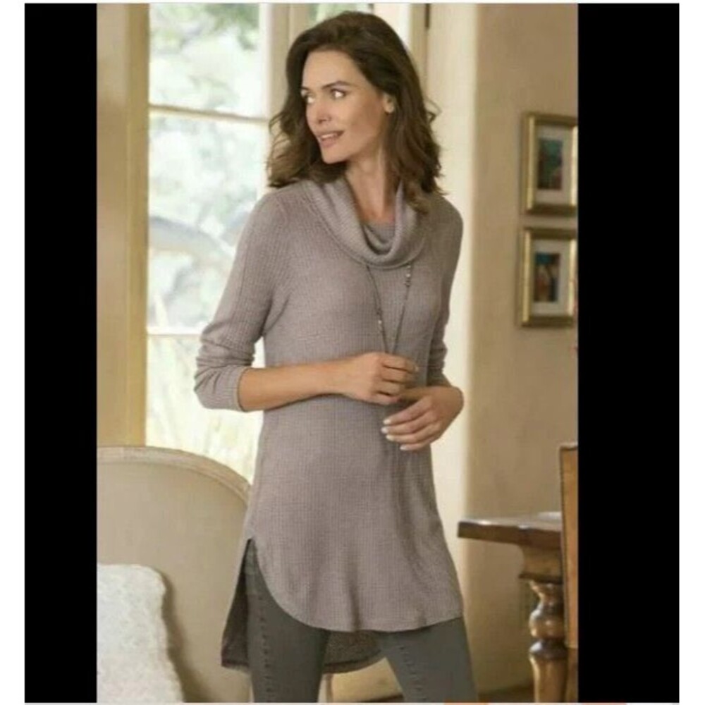 Soft Surroundings NWT cowl neck thermal waffle knit tunic top Size 2X‎ taupe - Picture 2 of 10